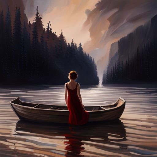 Woman in Rowboat Drifting in the Distance