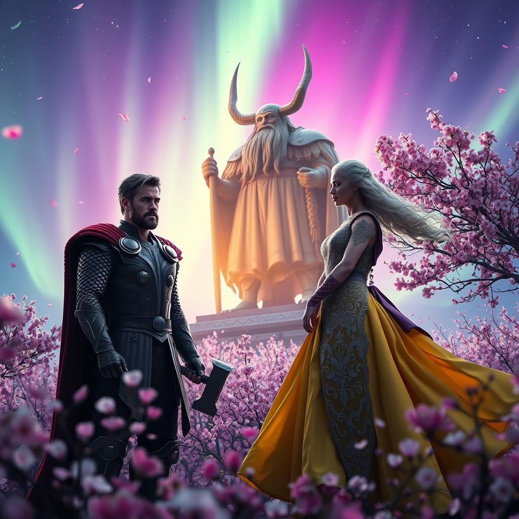 Thor and Daenerys in Art Nouveau Cherry Blossom Field