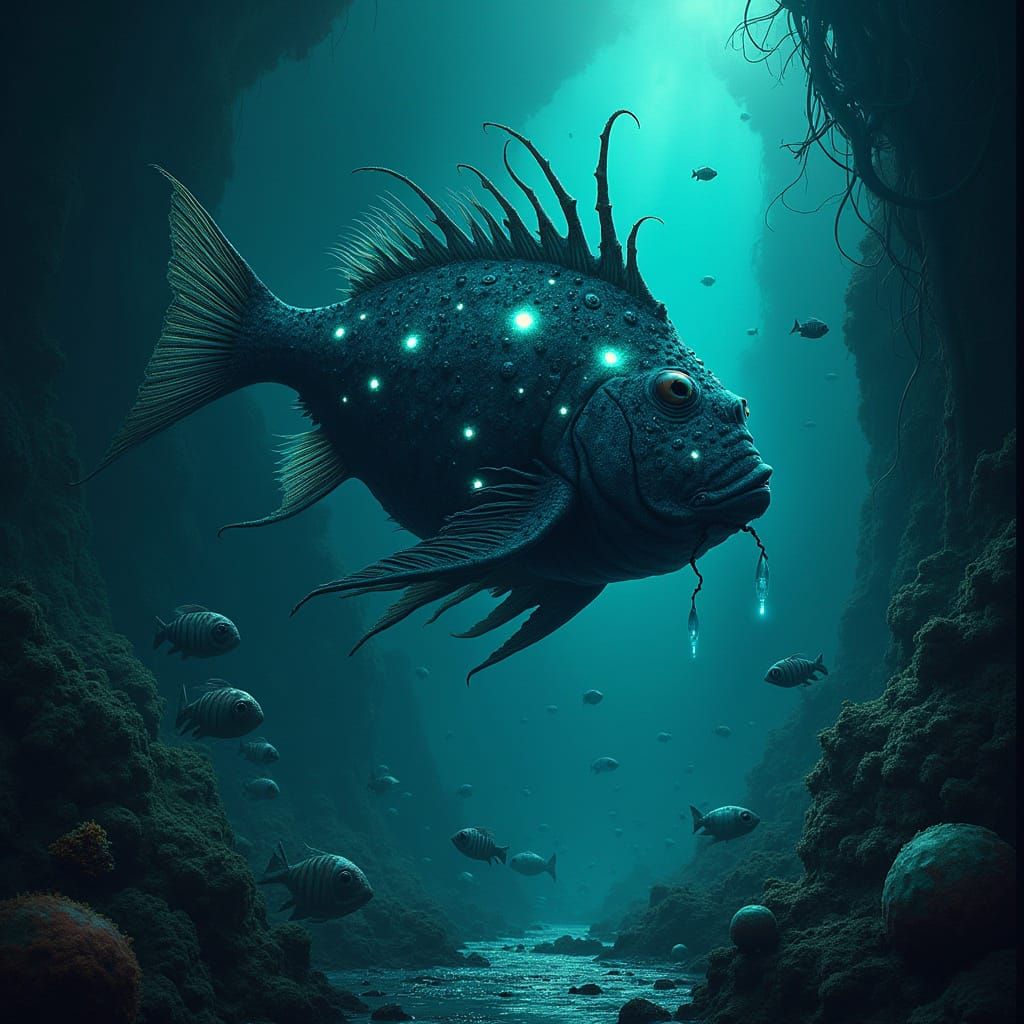 Bioluminescent Anglerfish in Deep-Sea Trench