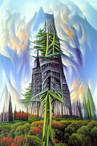 Visionary Tower in Forest, Dreamlike Art