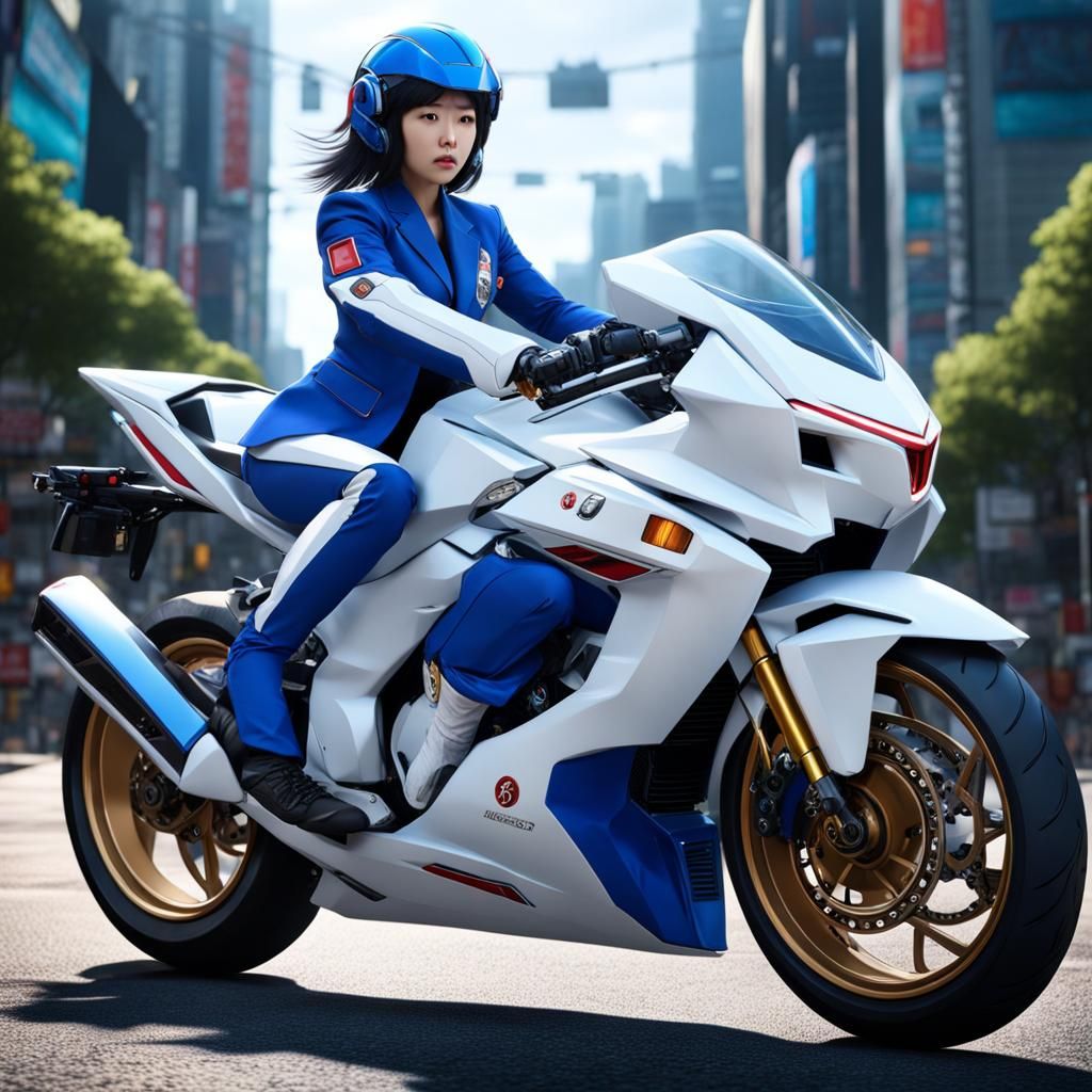 Japanese Girl on Motorcycle in Gundam Style