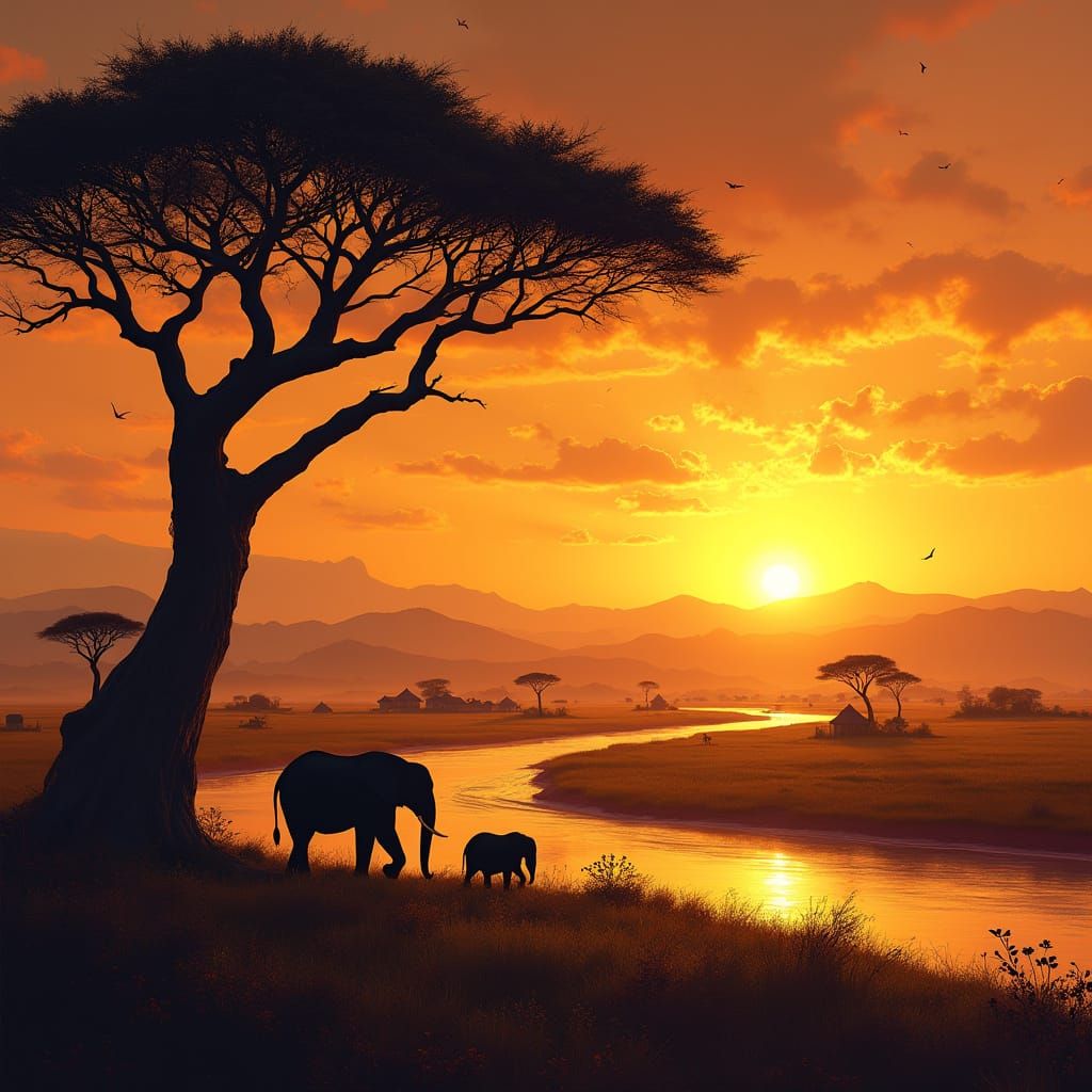 Golden Savannah Sunset with Majestic Baobab Tree and Peacefu...