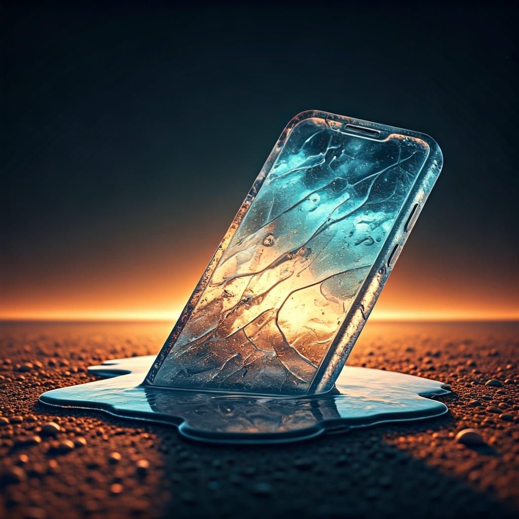 Melting Ice Smartphone on Beach: Hyperrealistic Art