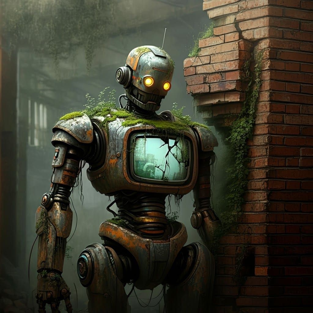 Decaying Robot Encased in Brick, Gritty Futurism
