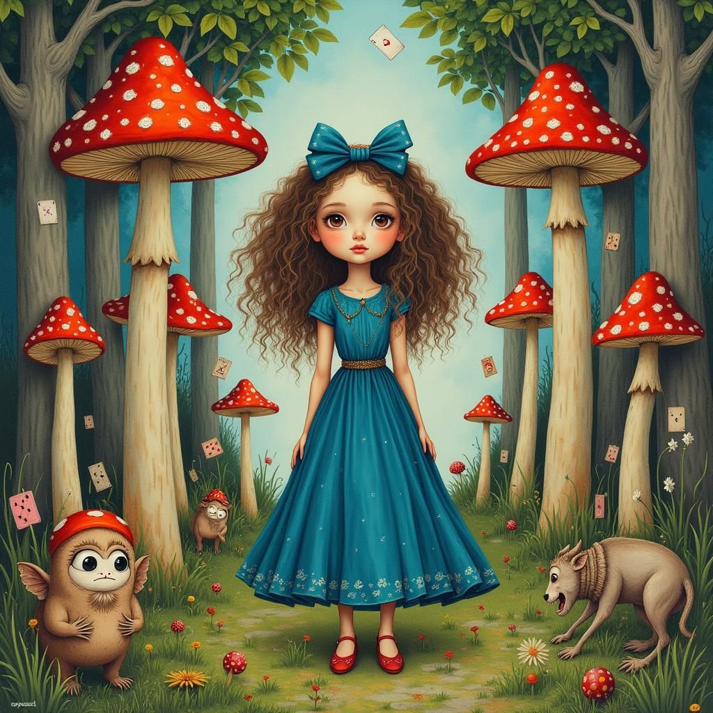 Girl in Wonderland Forest, Dreamlike Illustration