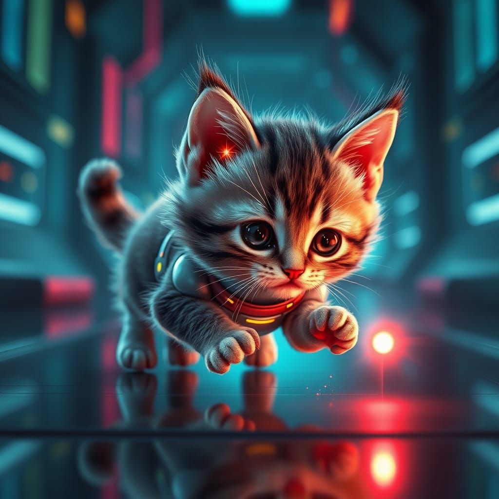 Cyberpunk Kitten Chasing Laser Dot in Neon City