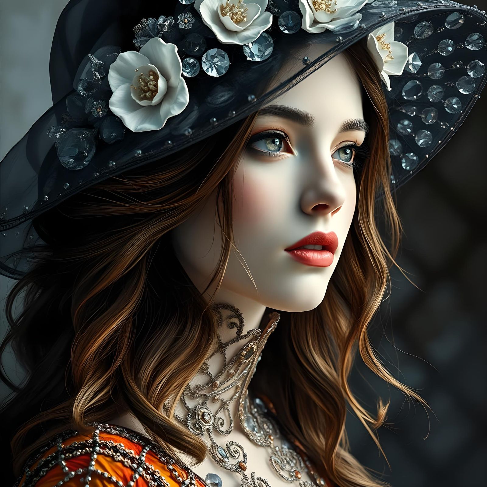 Elegant Woman Portrait with Crystal Flowers in Impasto Style