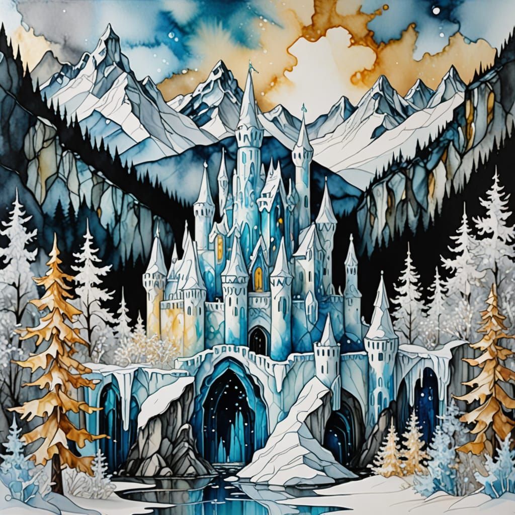 Ethereal Ice Castle Amidst Frozen Peaks
