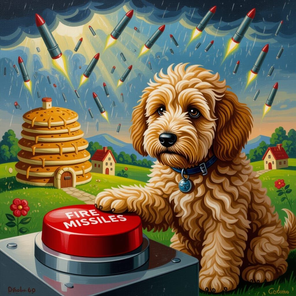 Sad Golden Doodle Fires Missiles At Pancake Village