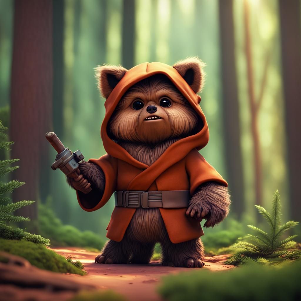 Cute Ewok in Forest: 3D Digital Art