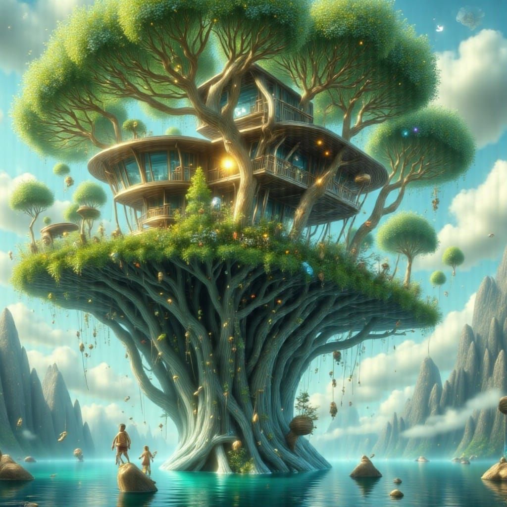 Magnificent Treehouse on Floating Island in Dreamlike Style