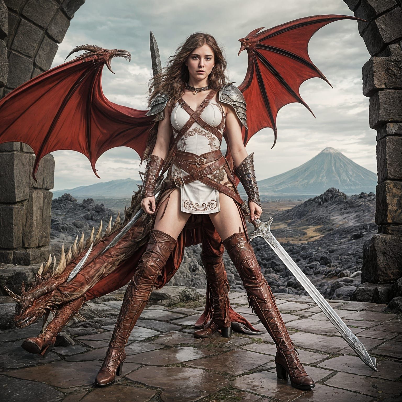 Dragon Rider Heroine in Volcanic Wasteland, Pre-Raphaelite S...