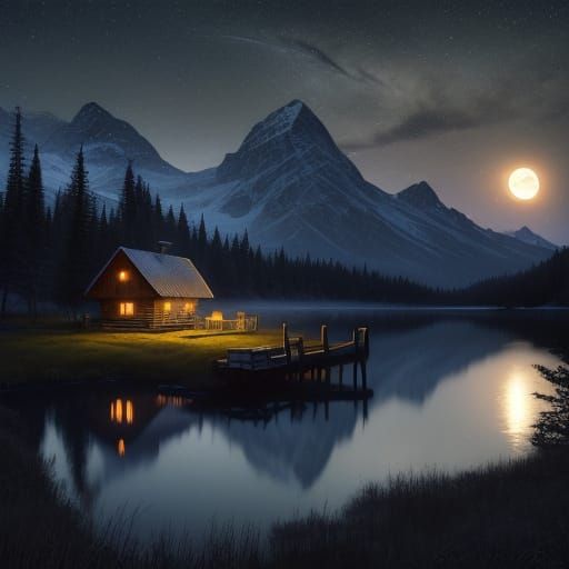 Rustic Cabin by Moonlit Lake at Dusk Digital Painting