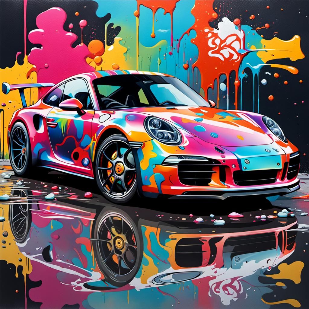 Porsche in Graffiti Splash Art Style