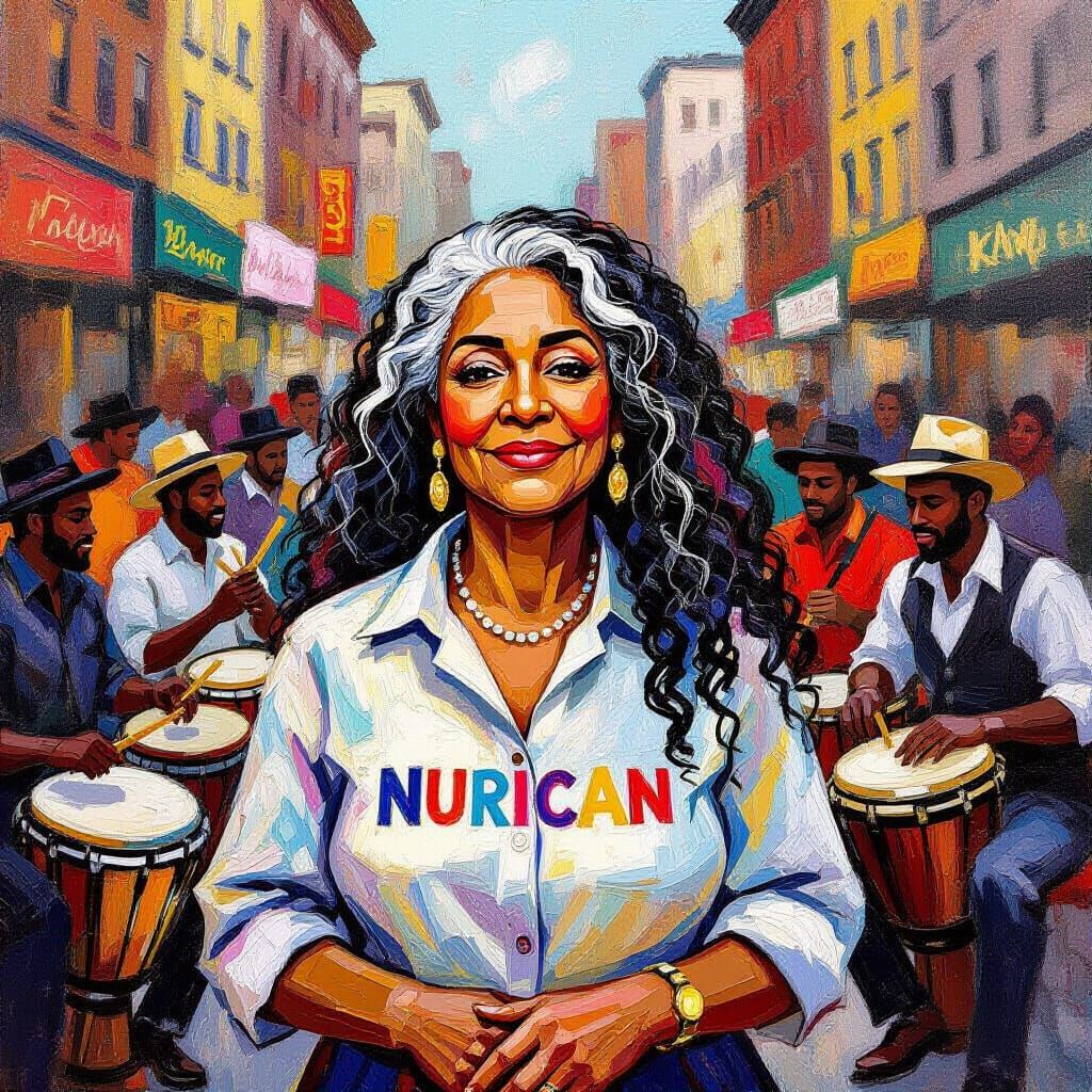 Elderly Woman with Curly Hair in Vibrant NYC Street Scene