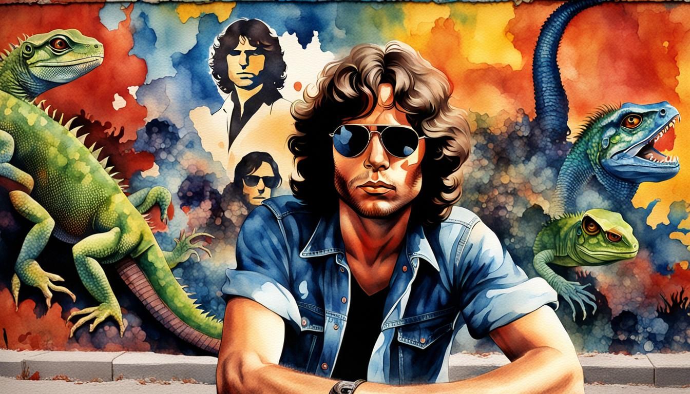 Jim Morrison Portrait with Lizard Mural in Watercolor Pop Ar...