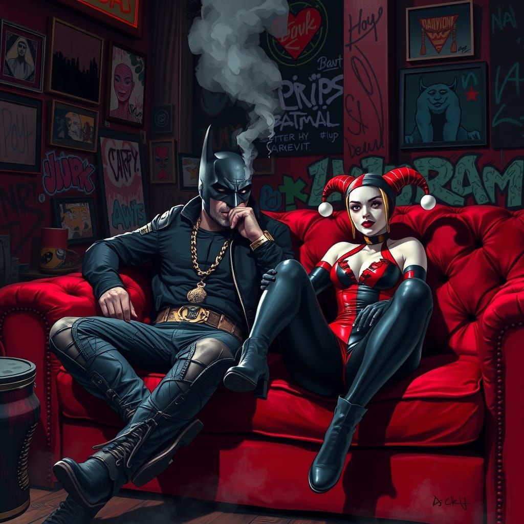 Batman Lounging with Harley Quinn in Gritty Urban Style