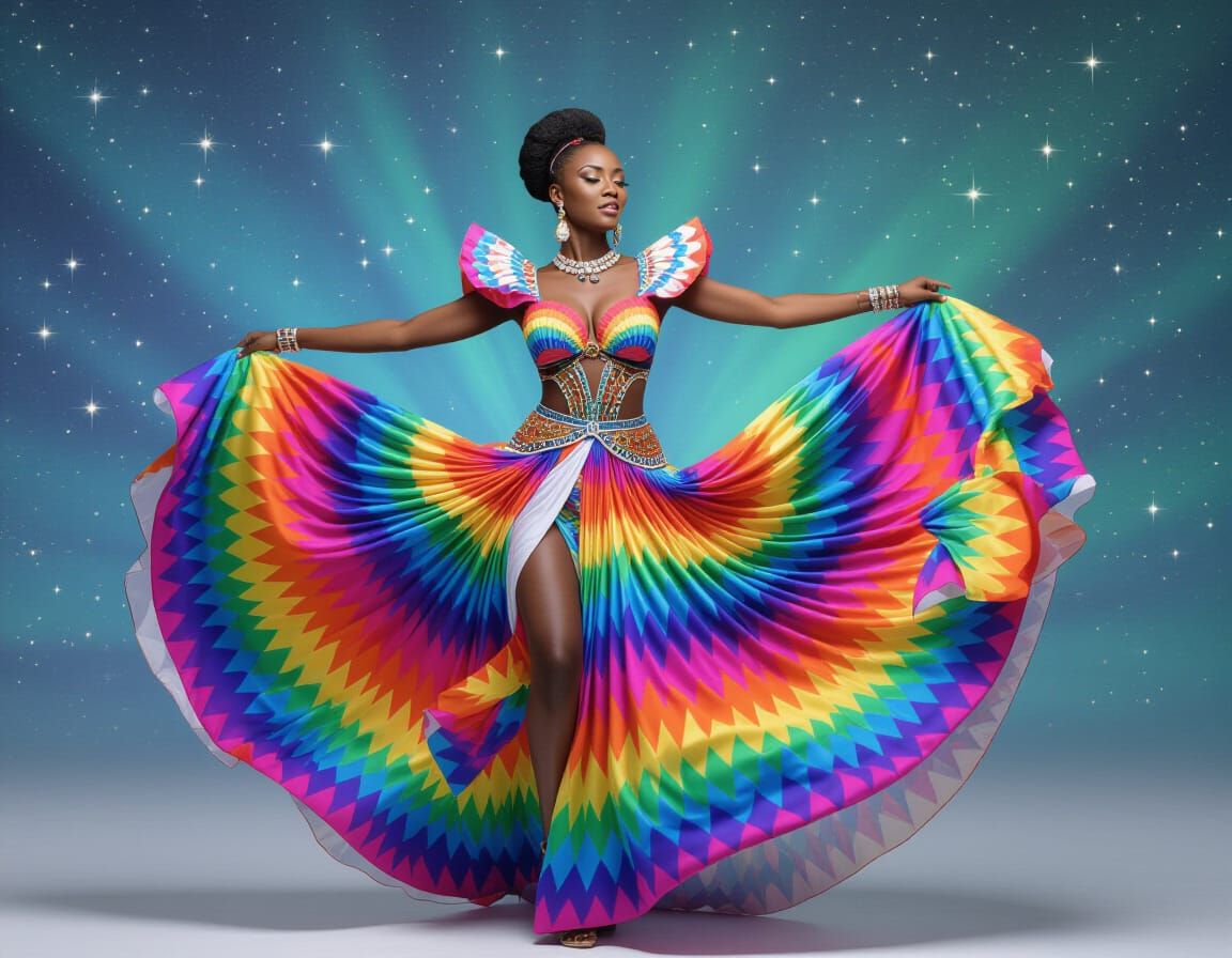 African Woman Dancing in Celestial Aurora Jubilee