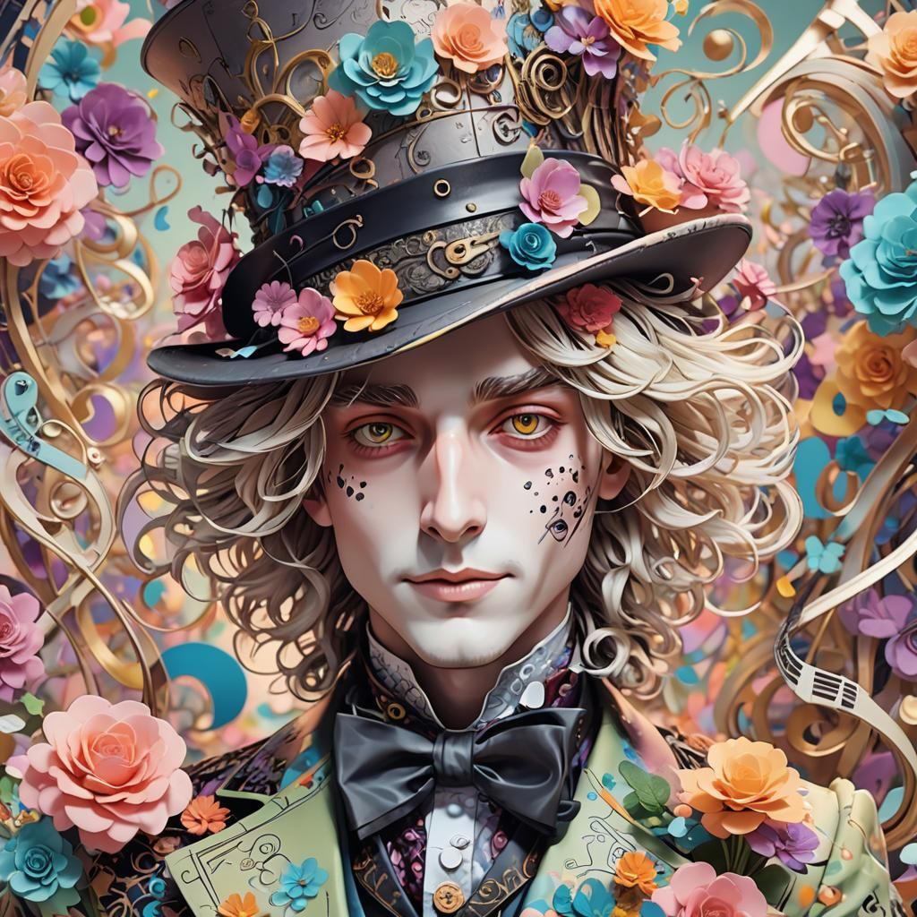 Mad Hatter's Floral Music Note Top Hat in Anime Art