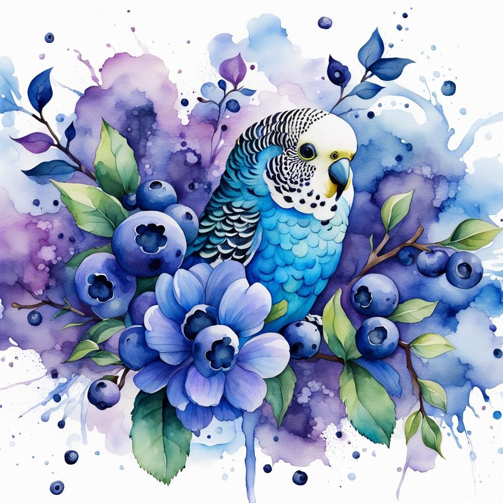 watercolor, blue violet budgerigar and blueberry bush backgr...