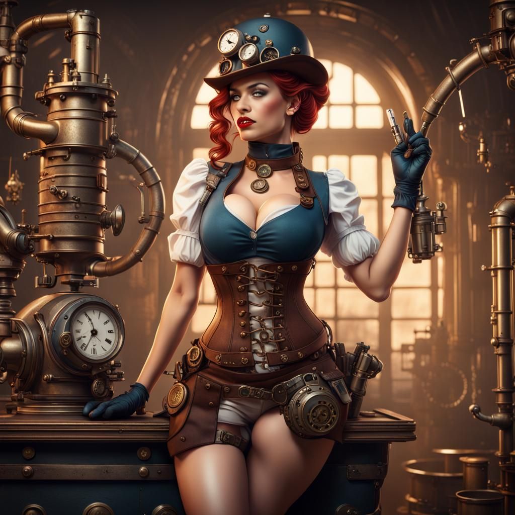 Hyperrealistic Steampunk Pinup Girl in Detailed Matte Painti...