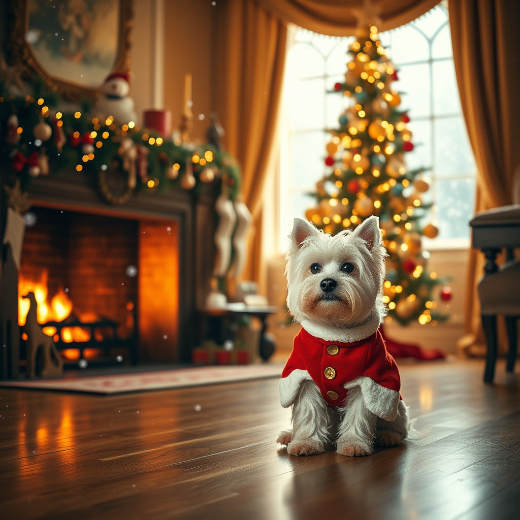 Cozy Christmas Scene with Westie in Santa Suit