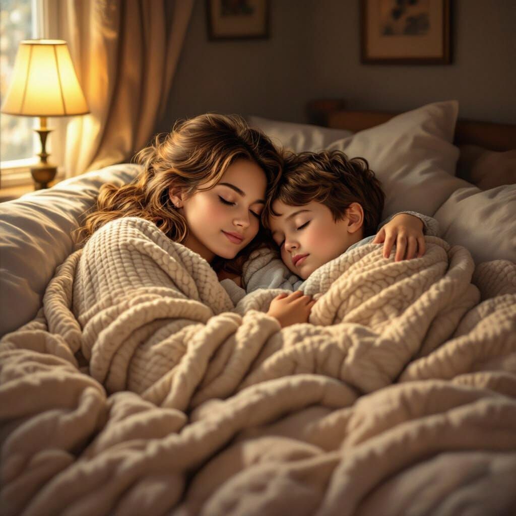 Cozy Room Scene: Woman and Boy Sleeping Under Blanket