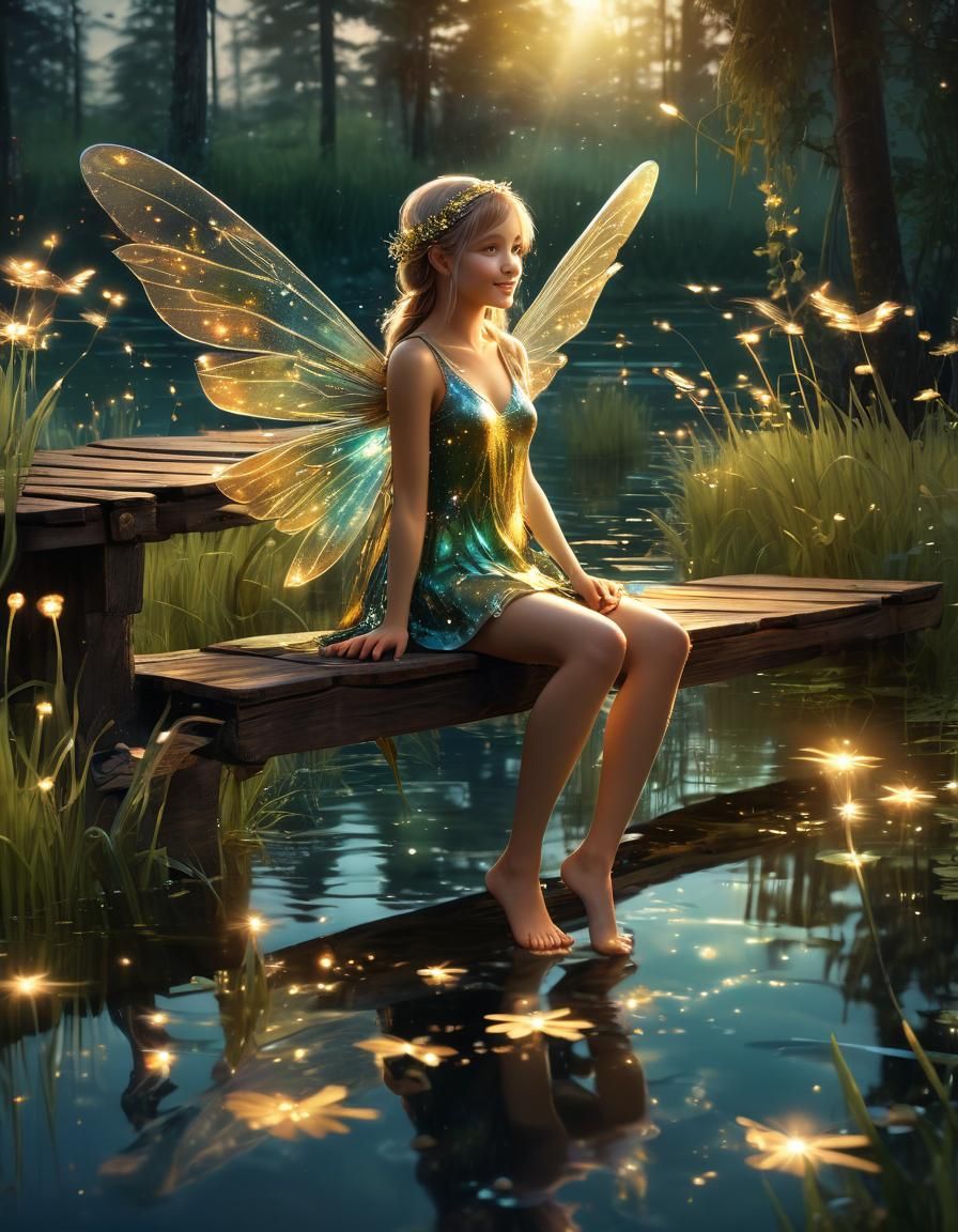 Fairy on Bridge Surrounded by Fireflies in Fresco Style