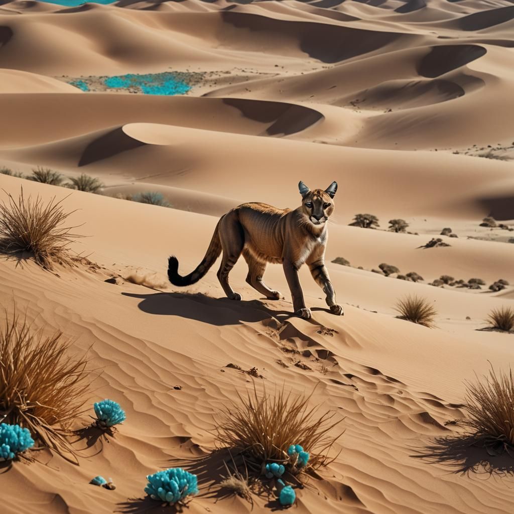 Puma Hunting Hare in Dreamlike Desert Landscape