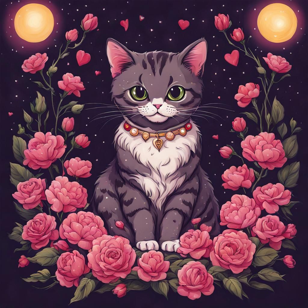 Cute Cat Surrounded by Flowers in Cyberpunk Style