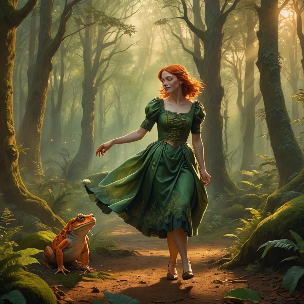 Happy Toad Hugs Girl in Misty Forest: Digital Painting