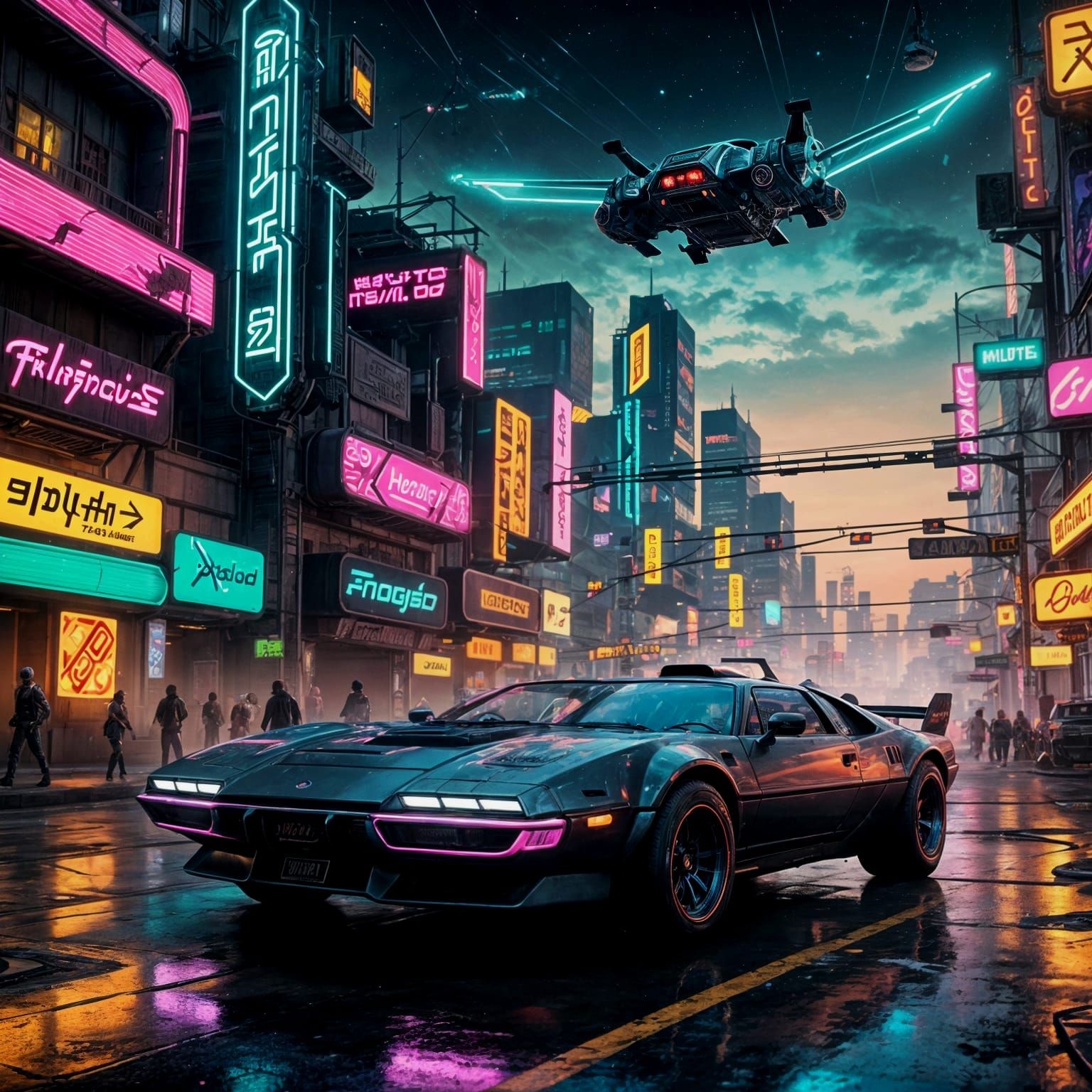Retro Car in Cyberpunk Cityscape