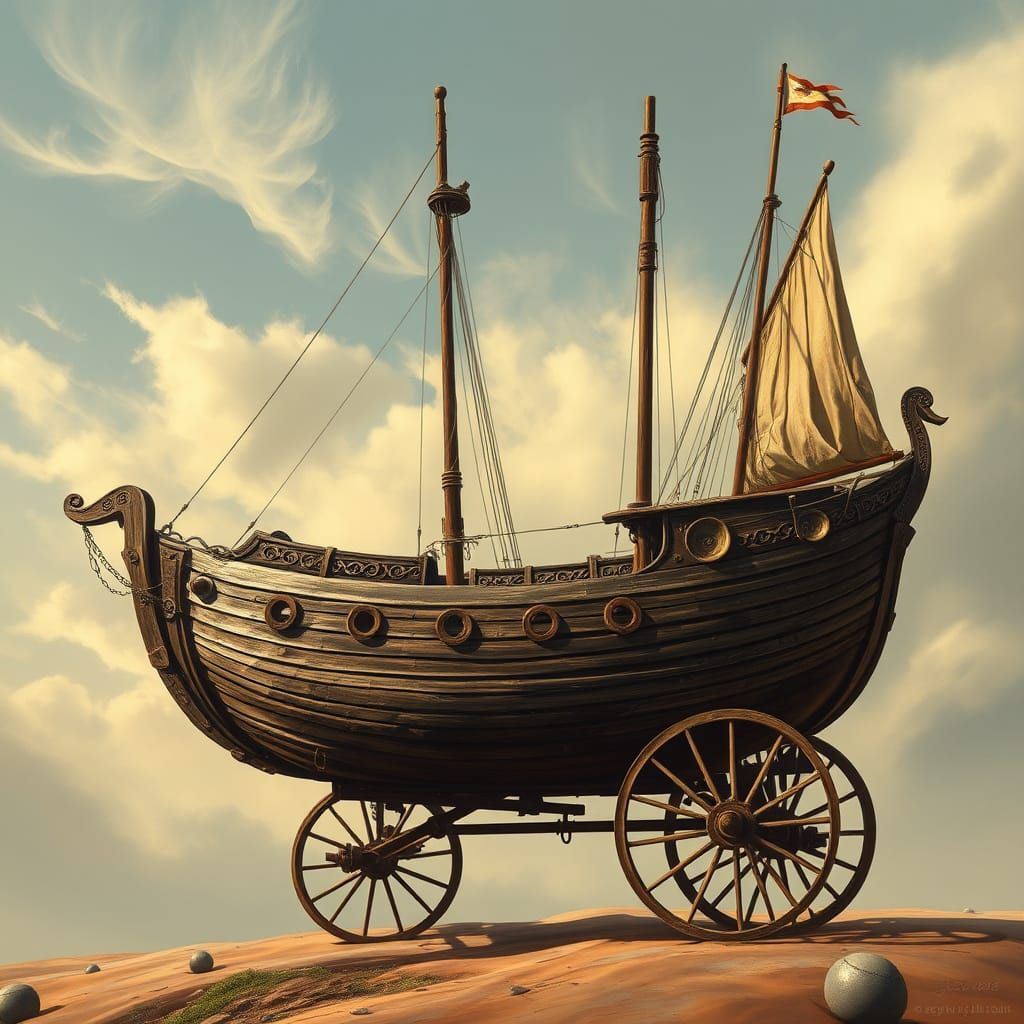 Vintage Sailing Vessel on Wheels in a Classic Landscape