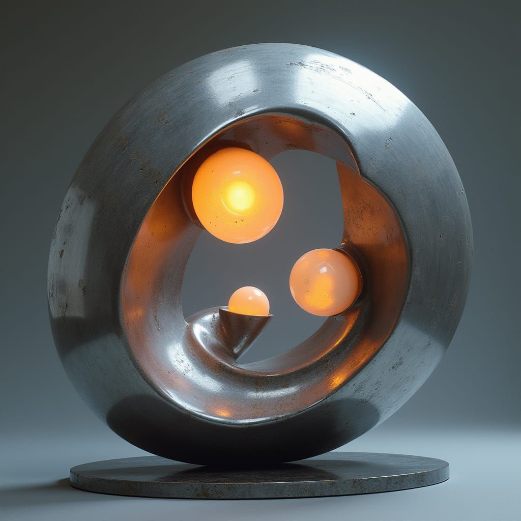 Surreal Metallic Sculpture in Neon-Lit Digital Art