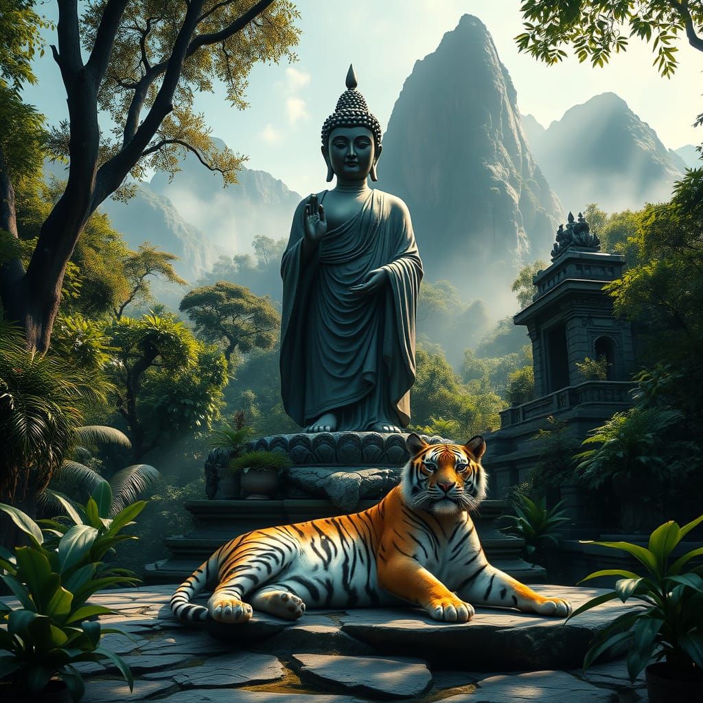 Ethereal Art Nouveau Buddha Amidst Lush Jungle Sanctuary