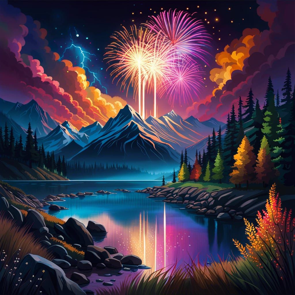 Fireworks Over City Skyline at Night