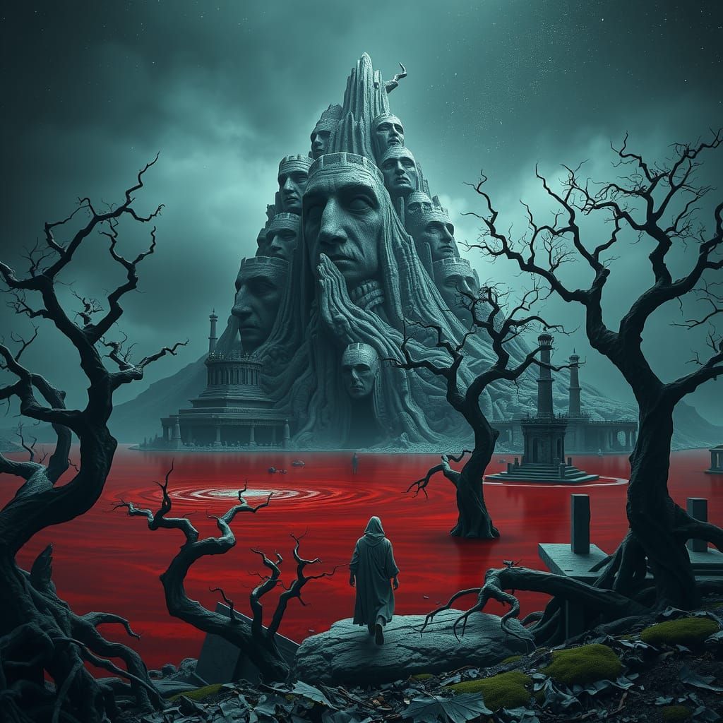 Surreal Landscape: Mountain of Faces and Crimson Sea