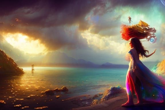 Girl Plays with Rainbow: Hyperdetailed Digital Art
