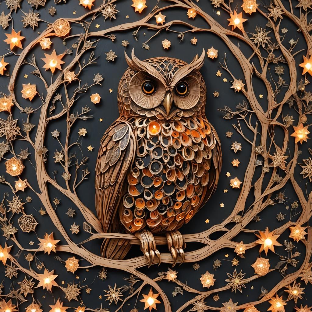 Owl Sculpture with Copper, Wood, and Festive Lights