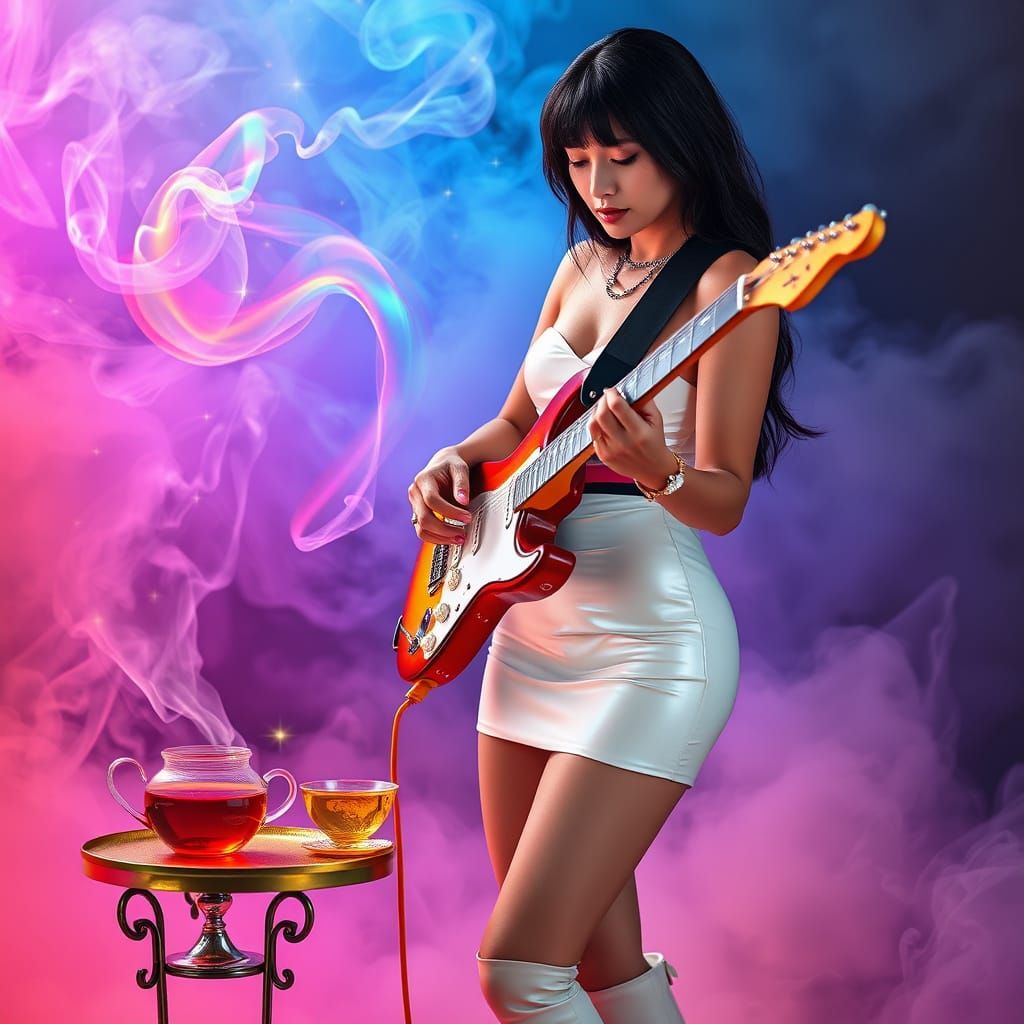 Woman Plays Guitar on Mystic Stage with Rainbow Mist