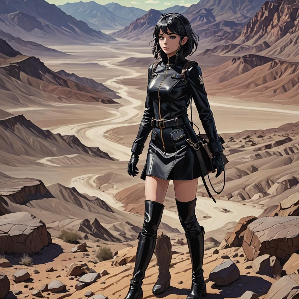 Anime Explorer in Death Valley, Cel-Shaded Style