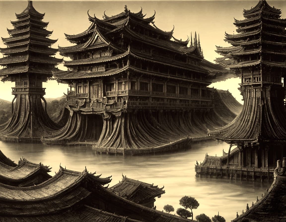 Surreal Pagoda Landscape Painting in Dark Style