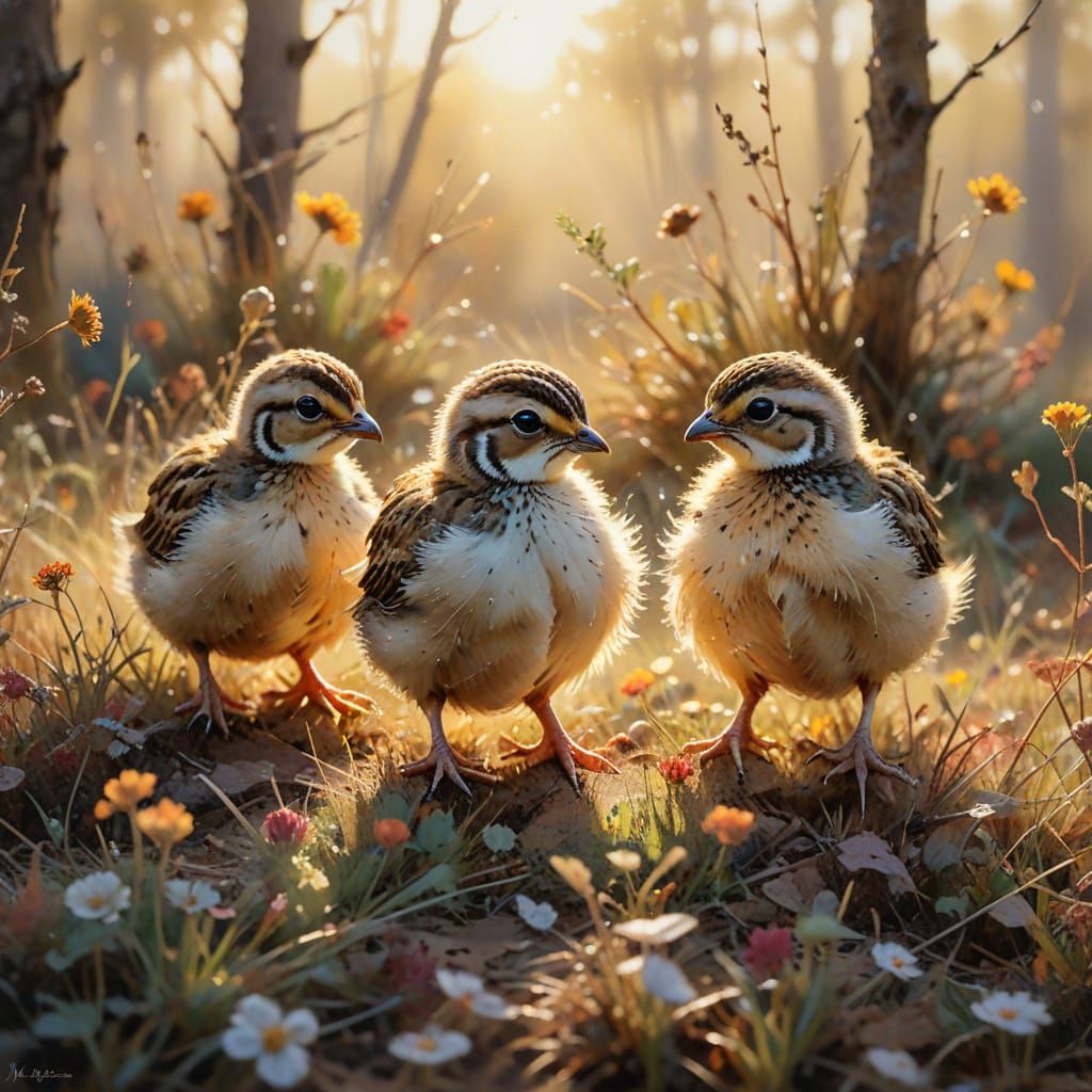 Charming Watercolor Quail Chicks in Autumn Meadow