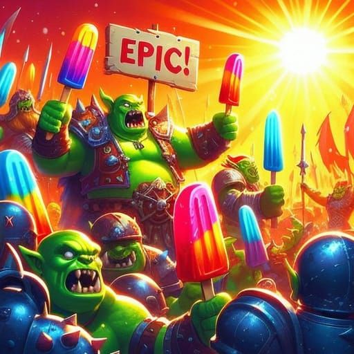 Orcs Admire Epic Battle of Neon-Popsicle-Swords in Vibrant D...