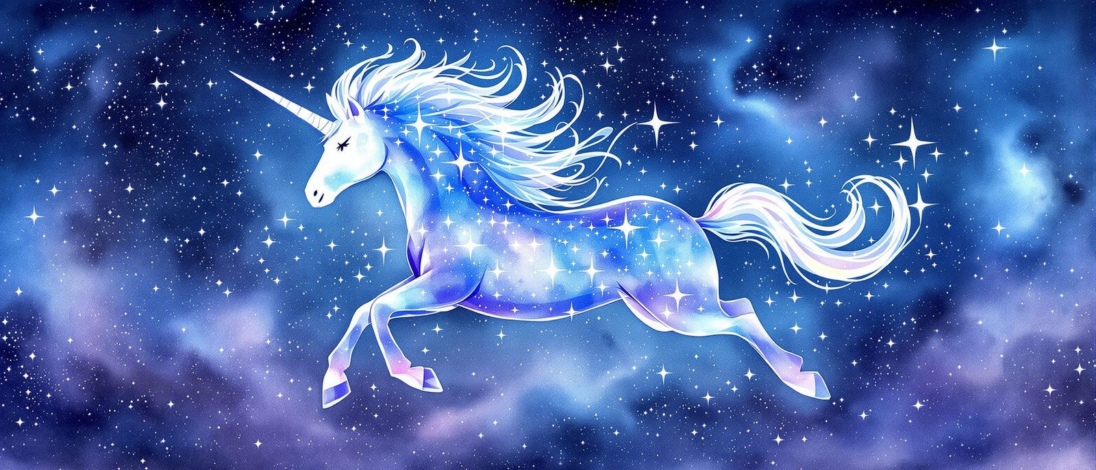 Starlight Unicorn Galloping Through Nebula Sky in Watercolor