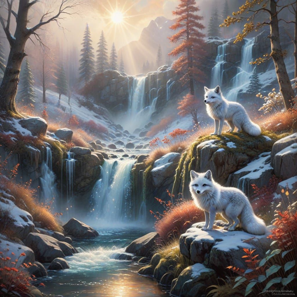 Arctic Foxes in Winter Waterfall Landscape