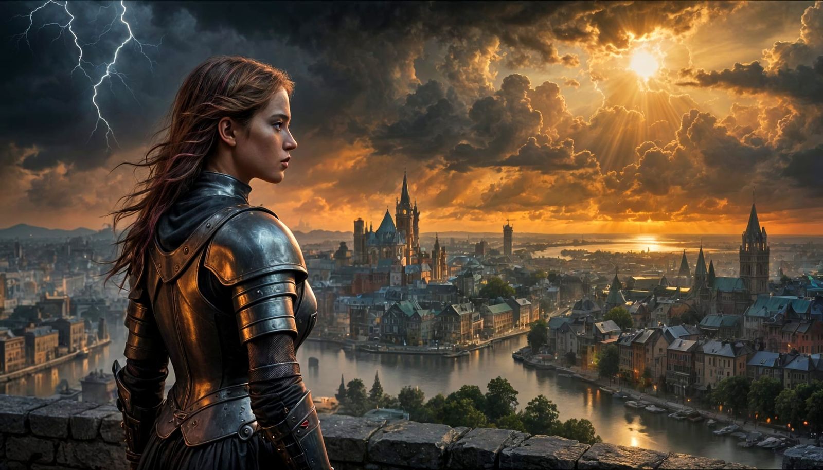 Surreal Glass Painting of Female Warlord Gazing at Stormy Me...