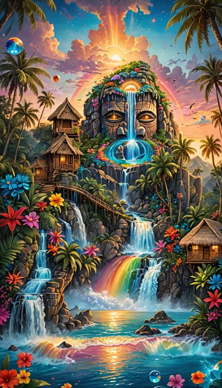 Magical Paradise with Rainbow Crystals and Waterfalls