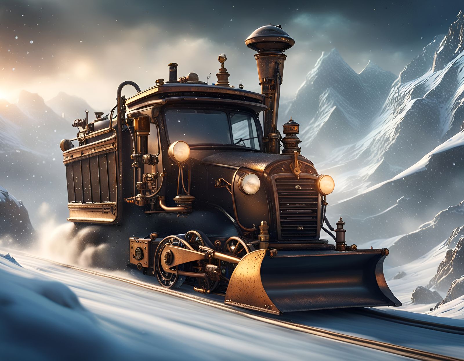 Steampunk Snowplow Races Through Winter Wonderland