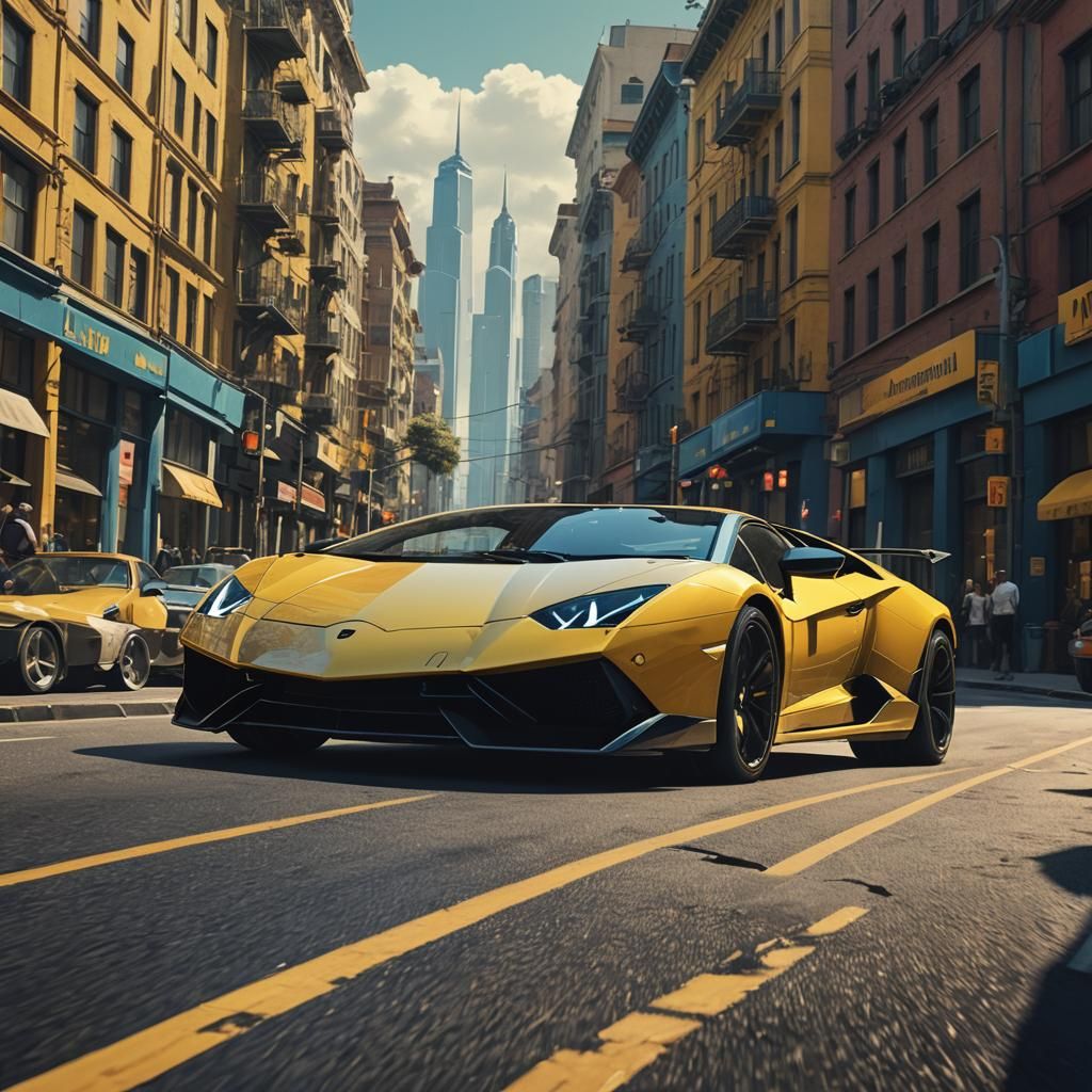 Lamborghini Speeds Through City in Matte Painting Style